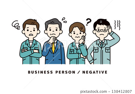 A set of vector illustrations featuring the upper bodies of a businessman with a troubled expression and pose, and several male and female workers. A set of vector illustrations featuring the upper bodies of a businessman with a troubled expression and pose, and several male and female workers. 138412807