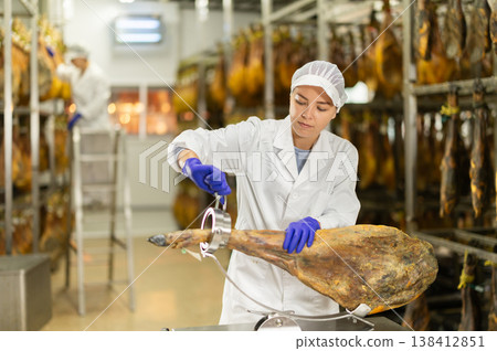 Girl factory worker places hamon in cutting device jamonero Girl factory worker places hamon in cutting device jamonero 138412851