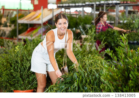 Young girl choosing eucalyptus in flower-pots in plants market 138413005