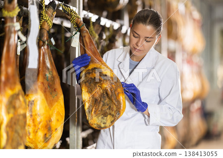 female worker checks the quality of jamon in a factory female worker checks the quality of jamon in a factory 138413055