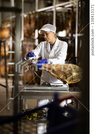 Woman places jamon on jamonero to cut it into appetizing pieces. Ham factory Woman places jamon on jamonero to cut it into appetizing pieces. Ham factory 138413171