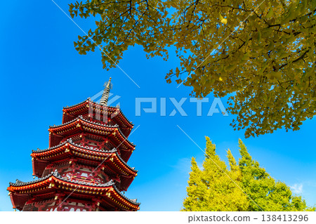 [Kanagawa Prefecture] The octagonal five-story pagoda and the brightly shining yellow ginkgo trees of Kawasaki Daishi Temple 138413296
