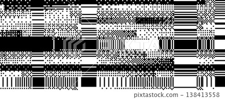 Black and white dither pattern texture. Glitch binary pixel grunge wallpaper. Vector rippled pixelated screen. Retro bitmap distressed video game backdrop. 8 bit abstract glitch distorted background Black and white dither pattern texture. Glitch binary pixel grunge wallpaper. Vector rippled pixelated screen. Retro bitmap distressed video game backdrop. 8 bit abstract glitch distorted background 138413558