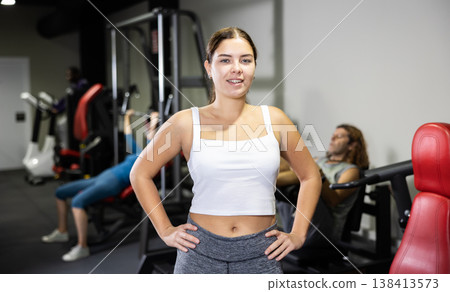 Caucasian fitness instructor woman standing in gym Caucasian fitness instructor woman standing in gym 138413573