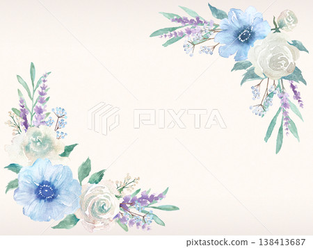 水彩植物邊框，圖案為銀蓮花和玫瑰 138413687