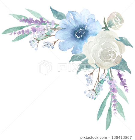 Watercolor botanical frame of anemones and roses 138413867
