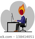 An office worker with flaming head use a PC computer on desk. Vector illustration burnout concept. 138414051