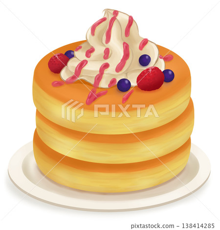 An illustration of pancakes with fruit and whipped cream on a plate (raspberries and blueberries). An illustration of pancakes with fruit and whipped cream on a plate (raspberries and blueberries). 138414285