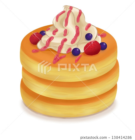 Illustration of pancakes with fruit and whipped cream (raspberries and blueberries) 138414286