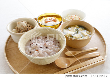 A meal consisting of porridge and other healthy dishes. A meal consisting of porridge and other healthy dishes. 138414417