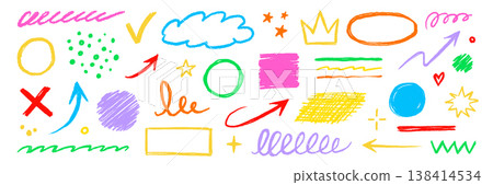 Hand drawn crayon texture pencil underline, arrow shape color element set. Scribble pastel texture brush stroke kid square, spiral, arrow hand drawn sketch abstract design. Vector 138414534