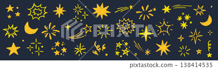 Star gold sticker icon collage set. Star icon sketch hand drawn line brush crayon texture vintage background. Cute kid magic twinkle sparkle, glow moon, space figure. Vector 138414535