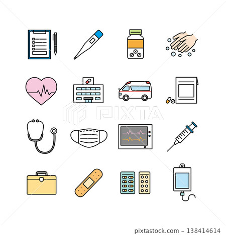 Medical and Nursing Icon Set (Hospitalization, Examination, Prevention, Nursing Icon Set (Hospitalization, Examination, Vaccination, Blood Sampling)) 138414614