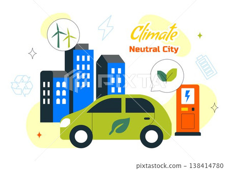 Climate Neutral City Vector Illustration With Renewable Energy, Green Urban Development, Solar Panels Wind Turbines and Sustainable Environment Design 138414780