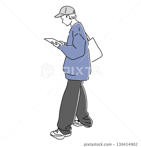 Tokyo Fashion Snap: Street Style Men's Oversized Outfits, Illustration of a Man Checking Directions on a Tablet Tokyo Fashion Snap: Street Style Men's Oversized Outfits, Illustration of a Man Checking Directions on a Tablet 138414902