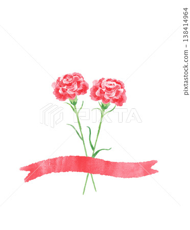 Watercolor illustration of carnations and ribbons. Mother's Day, thank you, gift, celebration. 138414964