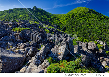 Summer view of the Yatsugatake mountain range and Mt. Tengu from near Suribachi Pond. Summer view of the Yatsugatake mountain range and Mt. Tengu from near Suribachi Pond. 138415178