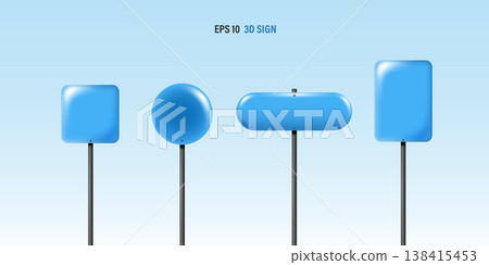 Blank blue road signs set. Circle, square, octagon, triangle, and rectangle traffic warning templates on metal poles against blue sky. Vector highway information mockup with copy space. Blank blue road signs set. Circle, square, octagon, triangle, and rectangle traffic warning templates on metal poles against blue sky. Vector highway information mockup with copy space. 138415453