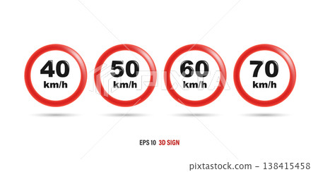 Collection of 3D realistic red circular speed limit traffic signs. 40, 50, 60, and 70 km/h maximum speed restriction regulatory symbols isolated on white background. EPS 10 vector illustration. Collection of 3D realistic red circular speed limit traffic signs. 40, 50, 60, and 70 km/h maximum speed restriction regulatory symbols isolated on white background. EPS 10 vector illustration. 138415458