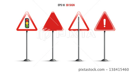 Collection of 3D realistic red triangular traffic warning signs on metal poles. Traffic light ahead, danger exclamation mark, and blank templates isolated on white background. EPS 10 vector. Collection of 3D realistic red triangular traffic warning signs on metal poles. Traffic light ahead, danger exclamation mark, and blank templates isolated on white background. EPS 10 vector. 138415460