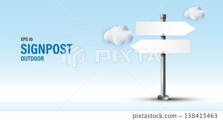 3D blank white directional signpost with left and right arrows on metal pole against light blue sky and fluffy clouds. EPS 10 vector illustration for outdoor navigation, travel and choice concepts. 138415463