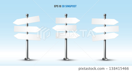 3D blank white directional signpost set with left and right arrows on metal pole against light blue sky and clouds. EPS 10 vector illustration template for outdoor navigation and choice concepts. 3D blank white directional signpost set with left and right arrows on metal pole against light blue sky and clouds. EPS 10 vector illustration template for outdoor navigation and choice concepts. 138415466