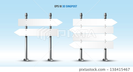 3D blank white directional signpost set with left and right arrows on metal pole against light blue sky and clouds. EPS 10 vector illustration template for outdoor navigation and choice concepts. 3D blank white directional signpost set with left and right arrows on metal pole against light blue sky and clouds. EPS 10 vector illustration template for outdoor navigation and choice concepts. 138415467