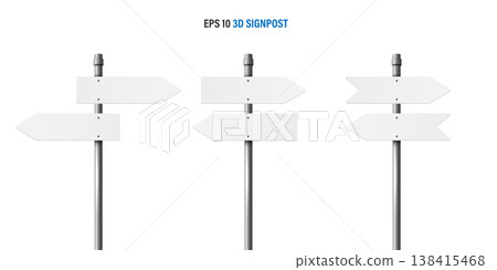 Collection of 3D blank white directional signposts with different arrow pointing designs on metal poles isolated on a white background. EPS 10 vector illustration templates for navigation and choice. Collection of 3D blank white directional signposts with different arrow pointing designs on metal poles isolated on a white background. EPS 10 vector illustration templates for navigation and choice. 138415468