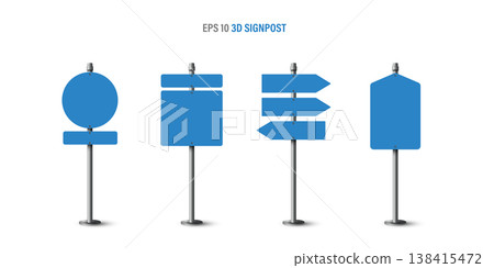 Realistic 3D blue blank signpost set. Blank directional road signs, information boards, and arrows on metal poles. Vector EPS10 template for navigation, wayfinding, traffic rules, and street guidance. 138415472