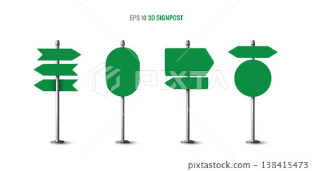 Realistic 3D green blank signpost collection. Empty directional road signs, arrows, and information boards on metal poles. Vector EPS10 template for traffic, navigation, wayfinding, and street guides. 138415473