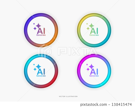 Set of 3D circular AI Generate buttons with colorful gradient borders and magic sparkles. Artificial intelligence image creation tool design element for web and app interface vector illustration. Set of 3D circular AI Generate buttons with colorful gradient borders and magic sparkles. Artificial intelligence image creation tool design element for web and app interface vector illustration. 138415474