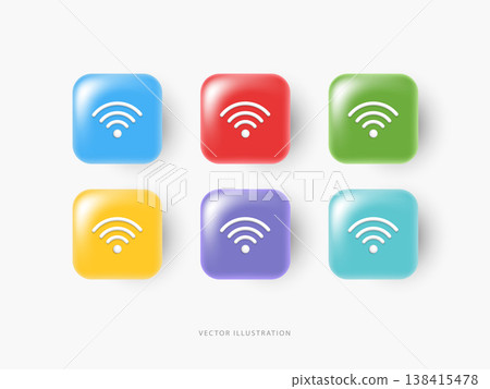 Set of colorful 3D square glossy Wi-Fi signal icons. Wireless internet connection sign, network communication technology symbol, app button element isolated on white background vector illustration. Set of colorful 3D square glossy Wi-Fi signal icons. Wireless internet connection sign, network communication technology symbol, app button element isolated on white background vector illustration. 138415478