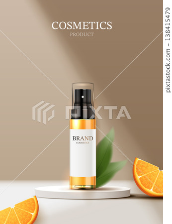 3D realistic cosmetics product mockup. Vitamin C skincare serum spray bottle on white podium with fresh orange slices, green leaves and natural shadow on beige background. Beauty branding template. 3D realistic cosmetics product mockup. Vitamin C skincare serum spray bottle on white podium with fresh orange slices, green leaves and natural shadow on beige background. Beauty branding template. 138415479