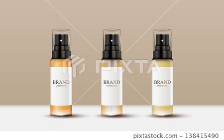 Blank cosmetic spray bottles mockup. Skincare serum, essential oil or body mist packaging. Three realistic clear glass dispensers with white label on beige background. Beauty product branding. Blank cosmetic spray bottles mockup. Skincare serum, essential oil or body mist packaging. Three realistic clear glass dispensers with white label on beige background. Beauty product branding. 138415490