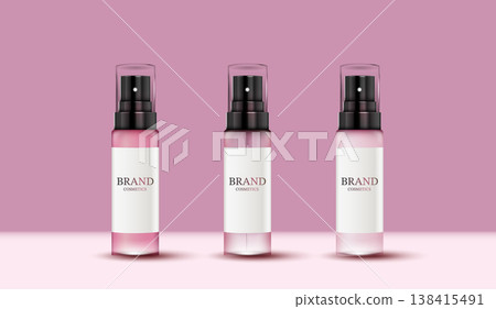 Blank cosmetic spray bottles mockup on pink background. Skincare beauty product packaging template. Three realistic clear glass dispensers with white label for facial mist, serum, or perfume brand. Blank cosmetic spray bottles mockup on pink background. Skincare beauty product packaging template. Three realistic clear glass dispensers with white label for facial mist, serum, or perfume brand. 138415491