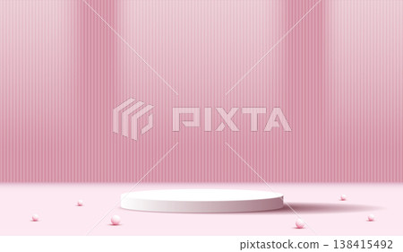 3D white cylinder podium on pastel pink background with vertical stripes and scattered spheres. Empty stage pedestal mockup for beauty cosmetic product display, showcase, or presentation template. 3D white cylinder podium on pastel pink background with vertical stripes and scattered spheres. Empty stage pedestal mockup for beauty cosmetic product display, showcase, or presentation template. 138415492