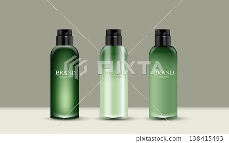 Three realistic green cosmetic bottle mockups with black caps for skincare, beauty product packaging design template. Blank lotion, shampoo, or toner containers on neutral background. 3D illustration. Three realistic green cosmetic bottle mockups with black caps for skincare, beauty product packaging design template. Blank lotion, shampoo, or toner containers on neutral background. 3D illustration. 138415493