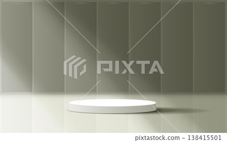 Low empty 3D cylinder podium stage on olive green minimalist background with frosted glass panels and soft shadow. Abstract geometric pedestal mockup for cosmetic beauty product showcase template. Low empty 3D cylinder podium stage on olive green minimalist background with frosted glass panels and soft shadow. Abstract geometric pedestal mockup for cosmetic beauty product showcase template. 138415501