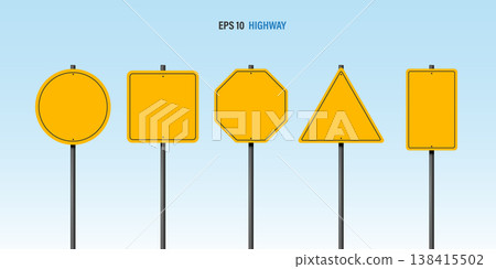 Blank yellow road signs set. Circle, square, octagon, triangle, and rectangle traffic warning templates on metal poles against blue sky. Vector highway information mockup with copy space. 138415502