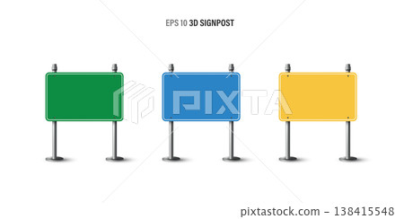 Realistic 3D empty rectangular signboard set on double metal poles. Green, blue, and yellow blank road signs for highway traffic, advertising, information, and warning. Vector billboard template. 138415548