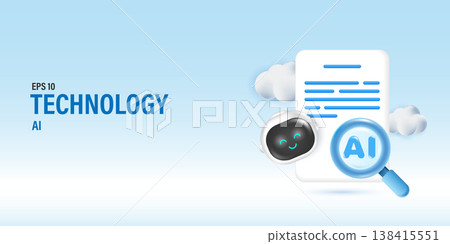 3D artificial intelligence robot analyzing document with AI magnifying glass. Cute chatbot character searching data, machine learning and cloud computing technology concept vector illustration. 3D artificial intelligence robot analyzing document with AI magnifying glass. Cute chatbot character searching data, machine learning and cloud computing technology concept vector illustration. 138415551