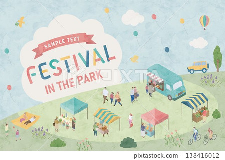 An illustration of a festival scene in a park lined with food trucks and stalls. An illustration of a festival scene in a park lined with food trucks and stalls. 138416012