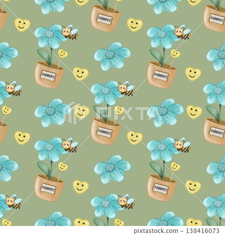 Seamless pattern Cute Bee collection in World bee day. Hand drawn watercolor illustration. For labels, paper, textiles on green background. Seamless pattern Cute Bee collection in World bee day. Hand drawn watercolor illustration. For labels, paper, textiles on green background. 138416073