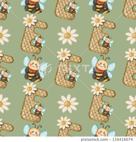 Seamless pattern Cute Bee collection in World bee day. Hand drawn watercolor illustration. For labels, paper, textiles on green background. Seamless pattern Cute Bee collection in World bee day. Hand drawn watercolor illustration. For labels, paper, textiles on green background. 138416074