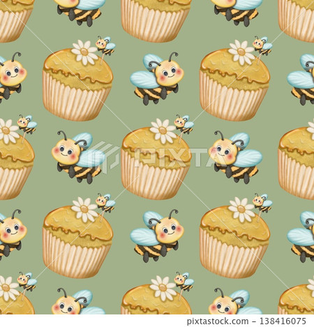 Seamless pattern Cute Bee collection in World bee day. Hand drawn watercolor illustration. For labels, paper, textiles on green background. Seamless pattern Cute Bee collection in World bee day. Hand drawn watercolor illustration. For labels, paper, textiles on green background. 138416075