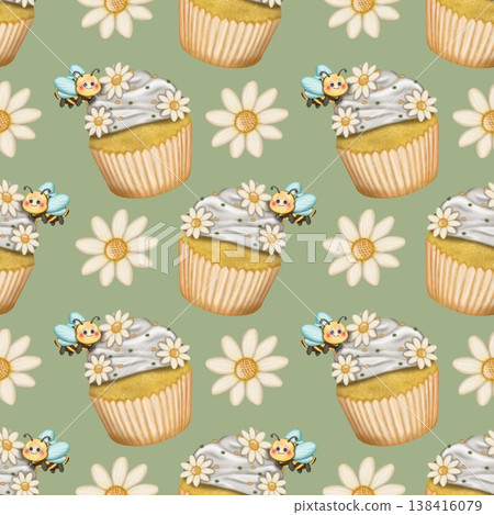 Seamless pattern Cute Bee collection in World bee day. Hand drawn watercolor illustration. For labels, paper, textiles on green background. Seamless pattern Cute Bee collection in World bee day. Hand drawn watercolor illustration. For labels, paper, textiles on green background. 138416079
