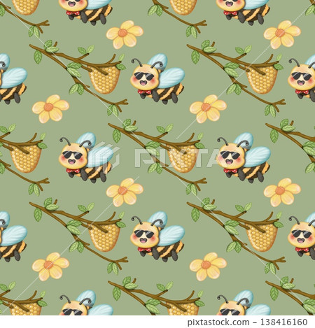 Seamless pattern Cute Bee collection in World bee day. Hand drawn watercolor illustration. For labels, paper, textiles on green background. Seamless pattern Cute Bee collection in World bee day. Hand drawn watercolor illustration. For labels, paper, textiles on green background. 138416160