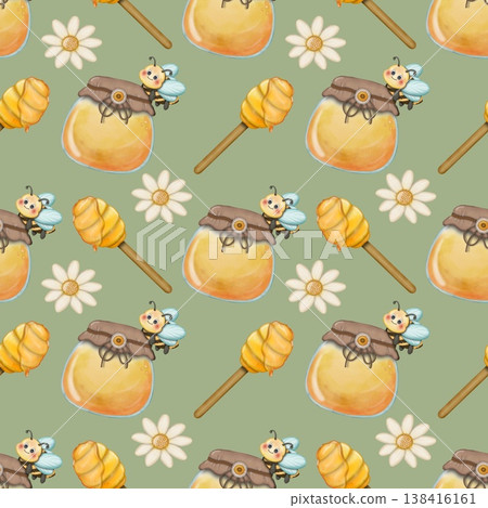 Seamless pattern Cute Bee collection in World bee day. Hand drawn watercolor illustration. For labels, paper, textiles on green background. Seamless pattern Cute Bee collection in World bee day. Hand drawn watercolor illustration. For labels, paper, textiles on green background. 138416161