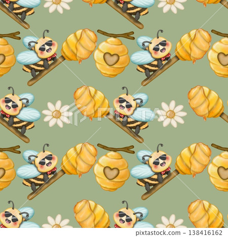 Seamless pattern Cute Bee collection in World bee day. Hand drawn watercolor illustration. For labels, paper, textiles on green background. Seamless pattern Cute Bee collection in World bee day. Hand drawn watercolor illustration. For labels, paper, textiles on green background. 138416162
