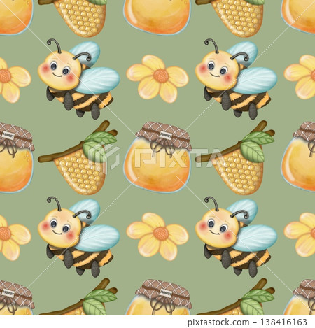 Seamless pattern Cute Bee collection in World bee day. Hand drawn watercolor illustration. For labels, paper, textiles on green background. Seamless pattern Cute Bee collection in World bee day. Hand drawn watercolor illustration. For labels, paper, textiles on green background. 138416163